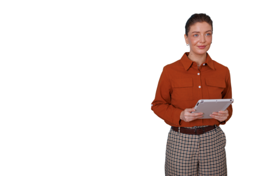 Businesswoman holding digital tablet and smiling, looking away, planning strategy and managing tasks, transparent background