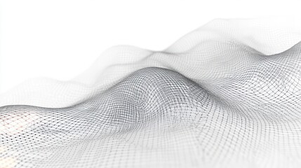 Abstract undulating grid mesh forming wave-like patterns on a white background with soft depth and light effects