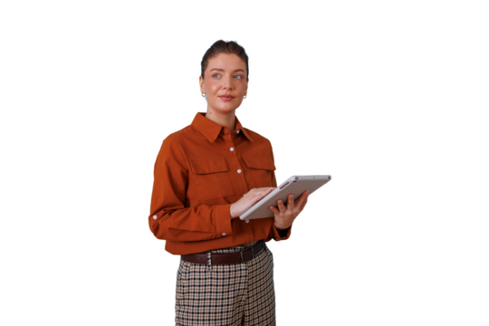 Businesswoman looking away while working on tablet, using digital device for data analysis, transparent background
