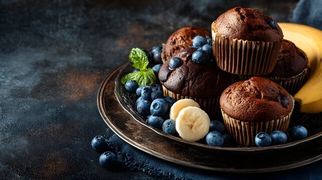 Stacked chocolate muffins adorned with fresh blueberries and banana slices rests on a rustic metal plate - Powered by Adobe