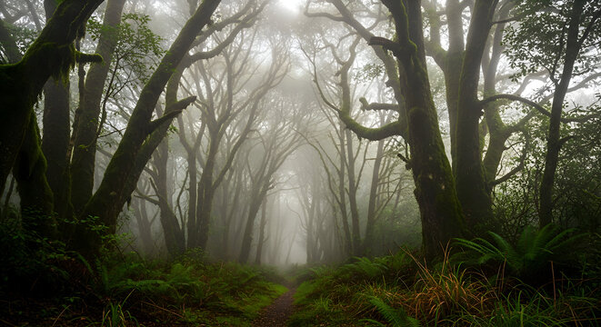 Misty forest path bathed in ethereal sunlight - Powered by Adobe