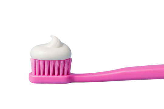 Pink toothbrush with white toothpaste on bristles, isolated on transparent background, clean minimal hygiene dental care concept