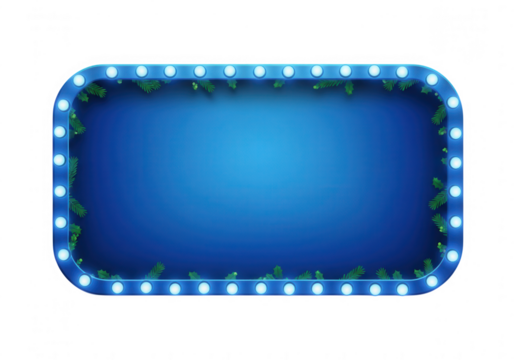 Illuminated blue frame with light bulbs isolated on transparent background, perfect for adding a touch of retro style