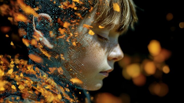 A young heart embraces the vibrancy of autumn. Human robot. Vibrant autumn adventure: a childâ€™s playful journey in orange and red. Ai integration. Human machine.
