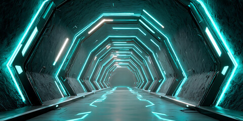 High tech sci fi corridor with cyan hexagon patterns