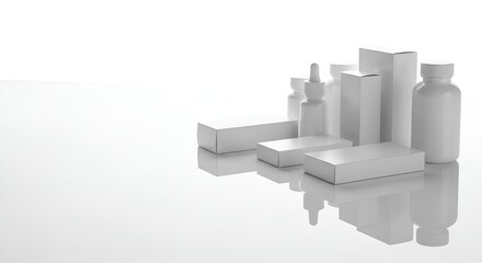 Clean White Medical and Cosmetic Product Packaging on Reflective Surface