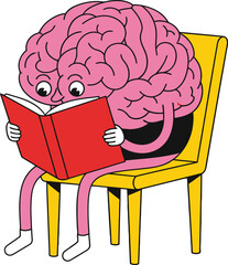 Cartoon brain character with white gloves reading a red book while sitting on a bright yellow chair with simplistic line art, creating a fun and educational image suitable for book marketing.