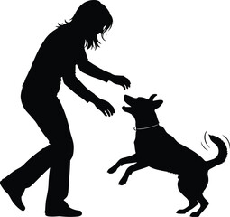 Dog interaction, person silhouette, playful moment, black illustration, outdoor activity, grassy field, pet training, happy scene, motion capture, joyful bond