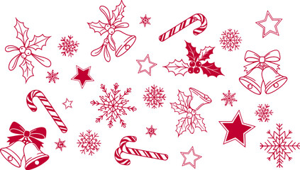 Festive holiday doodles feature red candy canes, mistletoe with bells, stars, and snowflakes, creating a joyful, graphic pattern perfect for seasonal greeting cards and celebratory designs.
