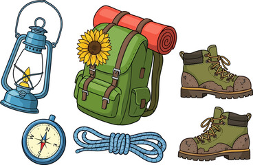 Camping equipment including a green backpack with sunflower, blue lantern, compass, hiking boots, and blue rope are arranged on a white background, creating a travel and outdoor adventure theme.
