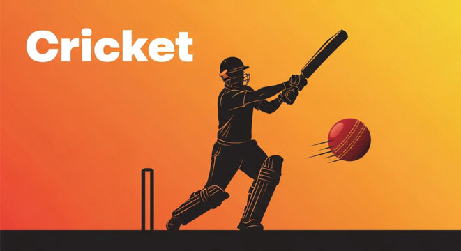 Cricket Batsman Silhouette Hitting Ball on Warm Orange Background Vector Art, Dynamic Sports Action Graphic, Professional Cricketer Illustration