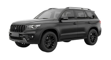 A dark suv with black rims and roof rack parked on a black background in a studio setting view