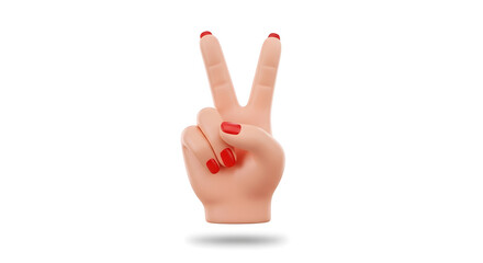 Successful victory hand gesture with red nails on white background for positive vibes and winning attitude