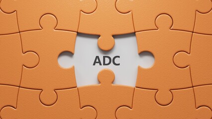 puzzle pieces with missing pieces with adc text. Financial, marketing.close up of puzzle pieces with missing pieces,Business Concept.3D rendering.
