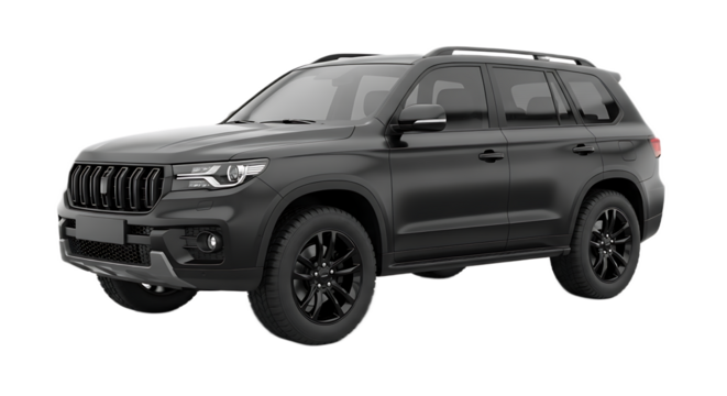 A dark suv with black rims and roof rack parked on a black background in a studio setting view