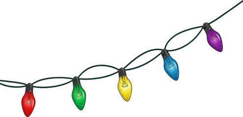 String of holiday lights featuring vibrant red, green, yellow, blue, and purple bulbs hanging on a dark green wire, set against a white background, ideal for holiday and party themes.
