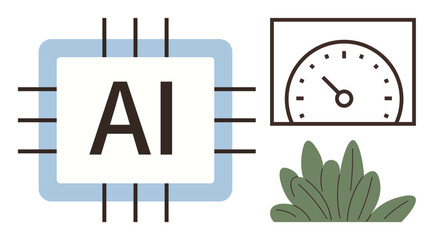 AI chip illustration with connected lines, speedometer for efficiency, and leaves for eco-friendly focus. Ideal for AI, innovation, technology, sustainability, performance, ecology data simple flat