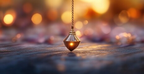 close-up of a shiny golden pendulum with a glowing tip suspended by a chain over a wooden surface with warm bokeh lights in the background