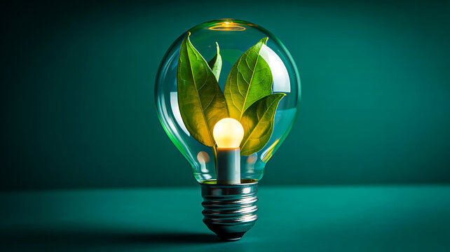 Eco friendly light bulb with green leaves symbolizing clean energy and sustainable innovation

