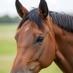 Close-up of a Brown Horse Head in a Green Field.