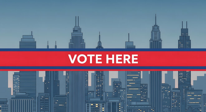 Vote Here for Civic Engagement: A patriotic banner urging civic participation against the backdrop of a stylized city silhouette, symbolizing democracy.