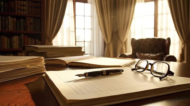 Mellow morning in a windowed study, diffused glow through sheer curtains onto ruled folios