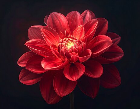 Close-up studio shot of a vibrant, digitally enhanced red dahlia flower against a dark background