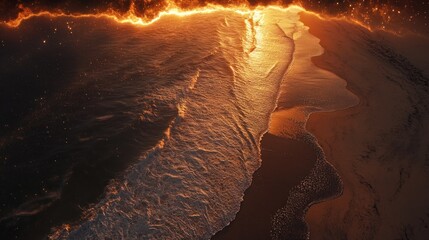 Golden shoreline at sunset with fiery sky above.