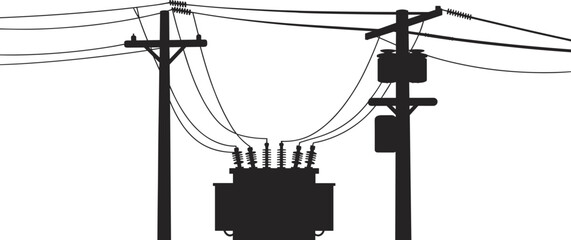 Electrical transformer silhouette on utility pole with multiple power lines, distribution infrastructure, energy supply system, industrial grid connection, urban electricity network illustration,