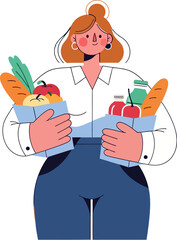 Illustration of a smiling woman holding two light blue grocery bags filled with bread, fruits and vegetables in a flat style, ideal for food related designs and healthy lifestyle content.