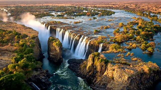 Aerial view of a large waterfall flowing into a river canyon