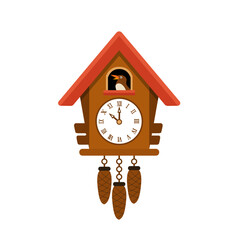 Vintage cuckoo wooden clock with bird isolated on white background. Vector stock