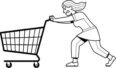 Exhausted woman pushes heavily loaded shopping cart with an expression of frustration in this black and white outline illustration style, ideal for retail marketing or illustrating consumer struggles.