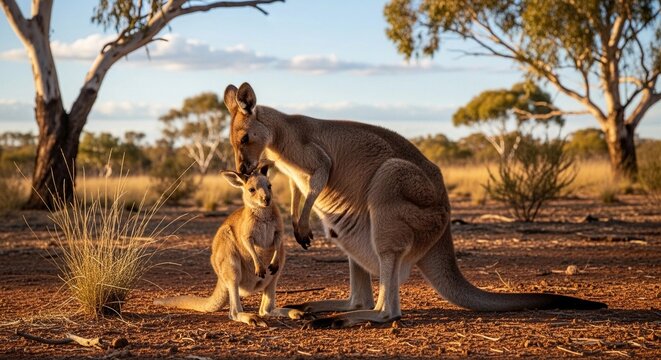 A mother kangaroo and her joey stand in a sunlit Australian landscape. The scene features dry grass and scattered trees under a blue sky. - Powered by Adobe