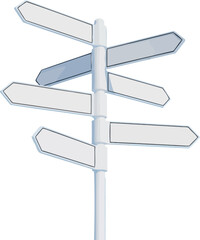 Signpost stands tall with multiple blank white directional arrow signs pointing in different directions against a clean white background, ideal for indicating choices and options.