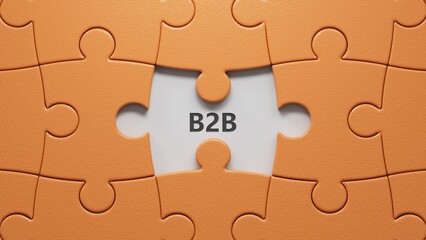 3D illustration of "B2B" in English, using a bold font. It conveys business and business interaction.puzzle pieces with missing pieces.3D rendering.