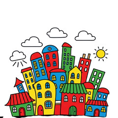 Fototapeta premium Playful cartoon city illustration, bright colors and cheerful design for children's books, creative backgrounds, and imaginative designs brings joy and happiness