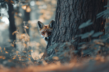 Obraz premium Generative AI image of curious wild red fox peeking from behind tree trunk in green summer forest with soft natural lighting