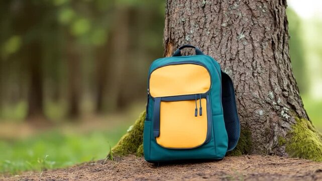 Colorful backpack leaning on tree trunk in lush forest outdoor travel gear