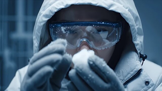 Woman analyzing ice samples wearing protective glasses and cold weather gear in a scientific facility