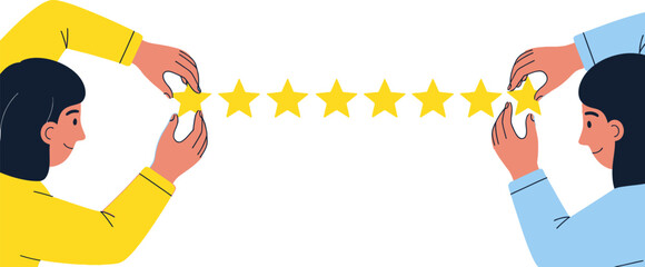 Two people illustrated in yellow and blue are placing bright yellow stars in a line, creating a positive rating or feedback concept for business and customer service visuals.