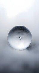 A clear glass sphere rests on a misty surface, reflecting a small, inverted image within its center.