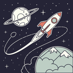 Naklejka premium Rocket ship flying around planet with mountains illustration in space