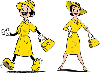 Two cartoon women wearing bright yellow dresses and matching hats and purses are shown walking, creating a playful and cheerful atmosphere perfect for fashion or lifestyle illustrations.