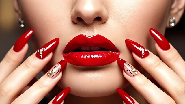 A woman's hands with elegant red nails and glossy lips showcase glamorous beauty.