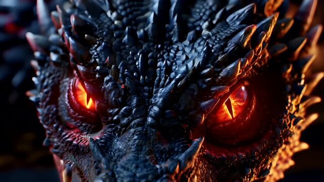 A closeup of a dragons eye, showcasing its fiery red iris and intricate scales. The eye is surrounded by a dark, textured skin with a mix of red and black hues.