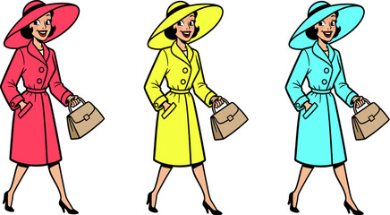 Cartoon woman is walking wearing a stylish colorful coat, hat, and handbag against a white background in a bright, cheerful mood, suitable for fashion or lifestyle design projects.