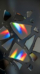 Broken CD pieces scattered on a dark surface, reflecting rainbow colors and light, creating an abstract and fragmented composition.