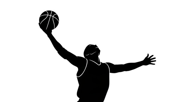 A silhouetted basketball player in action, throwing the ball upwards for a shot
