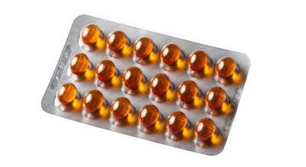 Amber softgel capsules in a silver blister pack, health support